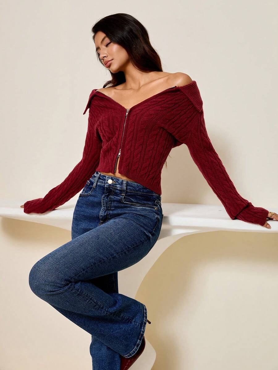 Lyxana Women's Turndown Collar Zipper Front Cable Knit Cardigan - Burgundy - View 1