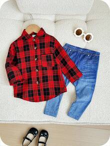SHEIN 2pcs Baby Girl Cute Red Plaid Shirt And Pants Set, Suitable For Autumn And Winter - Multicolor - View 3