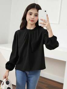 Tween Girl Solid Color Frill Trim Long Sleeve Loose Blouse - Black - View 9