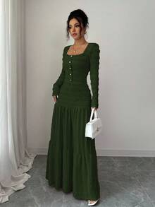 Selianne 女式粉色纹理面料休闲度假风格长袖方领纽扣上衣和超长 A 字裙两件套，秋季 - 軍綠色 - 查看 3