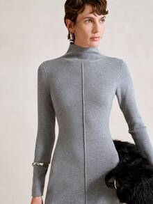 SHEIN Stylify 秋冬高领修身紧身中长连衣裙，优雅设计，长袖，针织长裙，适合高个子女性 - 淺灰色 - 查看 6