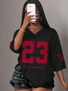 Slaydiva 休闲简约23字母数字印花短袖T恤女款，适合夏季 - 黑色 - 查看 7