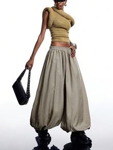 LYSMO 2025新款极简主义秋冬女装棕色格子弹力腰宽松时尚灯笼裤哈伦裤阔腿裤超大码裤格纹裤冬季女装时尚系列新年感恩节圣诞节 - 卡其色 - 查看 7