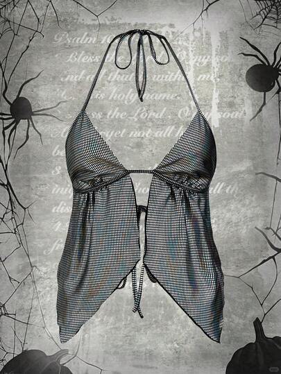 Y2Kool Camiseta sin espalda con estampado de cuadros metálicos y de lentejuelas para mujer, adecuada para fiestas, vacaciones y eventos de noche. Colección de ropa de estilo casual y elegante para Año Nuevo, que incluye parte superior de bikini a cuadros, parte superior de bikini a cuadros, parte superior de bikini de guinga y parte superior de bikini metálica.