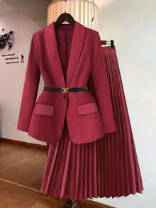 GlowEve 女士纯色披肩领长袖外套和百褶中长裙优雅套装 - 酒紅色 - 查看 1