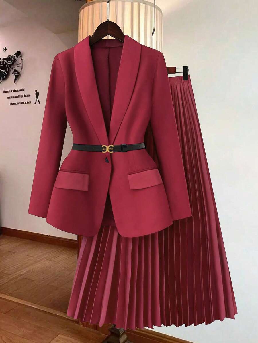 GlowEve 女士纯色披肩领长袖外套和百褶中长裙优雅套装 - 酒紅色 - 查看 1