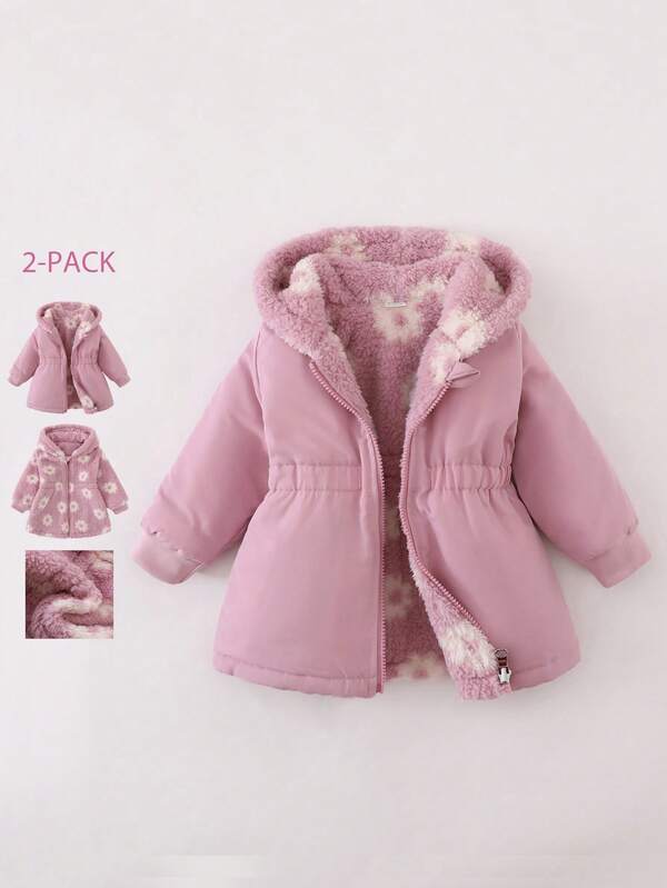 SHEIN Playful Pals Veste réversible à capuche zippée à manches longues épaisses avec imprimé floral pour filles, polyvalente pour l'hiver, l'intérieur/extérieur, la rentrée scolaire, les tenues décontractées