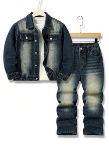 Tween Boys Denim Two Pieces Outfits, Casual Fashion Versatile Collared Long Sleeve Jacket + Elastic Waist Zipper Fly Straight Leg Jeans Denim Suit Designer Jeans For Kids - Dark Wash - View 2