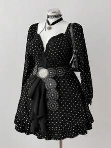 Sunspun 大码可爱心形和波尔卡圆点印花黑色连衣裙 - 黑色 - 查看 6