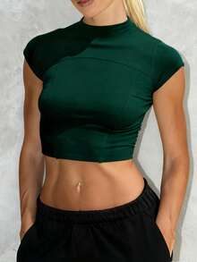 INAWLY Camiseta Corta Ajustada De Manga Corta De Moda Para Mujer, Color Solido De Verano - Verde Oscuro - Ver 4