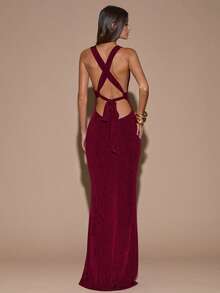 SHEIN BAE 酒红色深 V 领露背系带长款优雅连衣裙，适合鸡尾酒会、浪漫约会、秋冬分层穿着、派对、婚礼、万圣节、圣诞节 - 酒紅色 - 查看 6