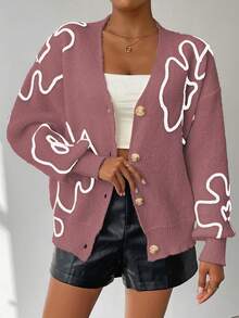 Chiquease Women's Contrast Color Print Knit Cardigan - Redwood - View 5