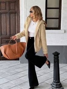 Chiquease 2025 Autumn & Winter New Arrival Women's Fleece Coat - Thickened Warm Hooded Design (With Adjustable Drawstring + Smooth Zipper Closure), Skin-Friendly Fleece Texture That Doesn't Shed, Versatile Outerwear For Office/Daily/Casual Occasions - Apricot - View 5