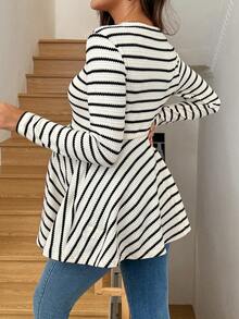 SHEIN 休闲女装，秋季，孕妇款，撞色蕾丝V领长袖腰带条纹T恤 - 白色 - 查看 2