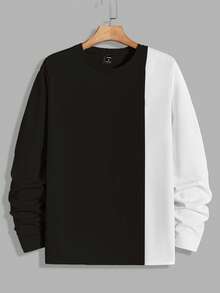 Manfinity VCAY 男士撞色拼布圆领长袖休闲T恤 - 彩色 - 查看 1