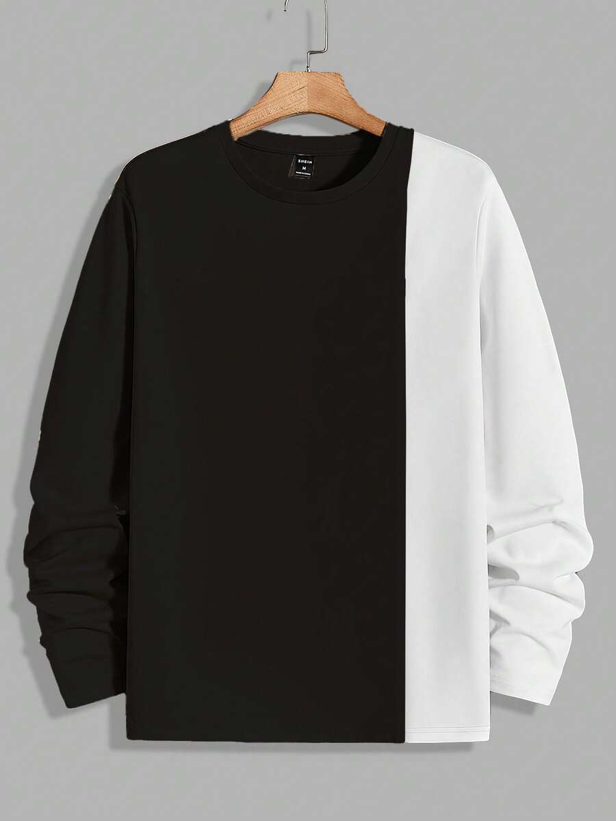 Manfinity VCAY 男士撞色拼布圆领长袖休闲T恤 - 彩色 - 查看 1