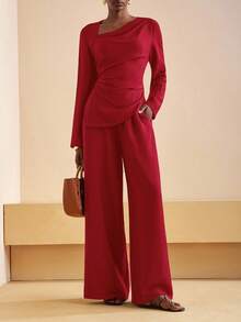 Zivah 2025秋冬新款通勤优雅休闲度假棕色不对称领褶皱长袖衬衫+高腰阔腿长裤女两件套，旅行、通勤、聚会、度假、复古风格、购物、宴会、优雅、派对、约会、休闲-A - 紅色 - 查看 1