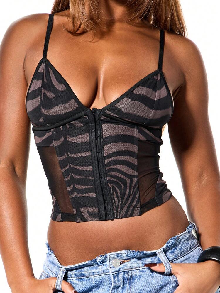 SUMWON WOMEN Zebra Print Mesh Corset Top