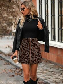 EMERY ROSE Leopard Print Zipper Pocket Elegant Office Skirt Corduroy Women - Brown - View 5