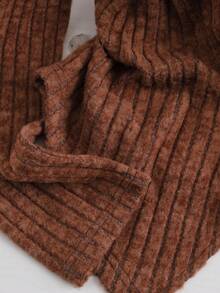 GlowEve CURVE Plus Size Women Casual Versatile Striped Knit Crew Neck Long Sleeve Ruched Waist Slit Top - Brown - View 3