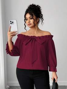 Elenzga Áo cánh trễ vai tay lửng thời trang đơn giản cỡ lớn dành cho nữ, đa năng khi đi làm hàng ngày, thanh lịch và thời trang - Màu Đỏ Sâu - Xem 3