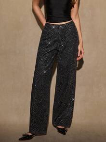 SHEIN BAE 女式优雅水钻装饰口袋牛仔裤 - 黑色 - 查看 5