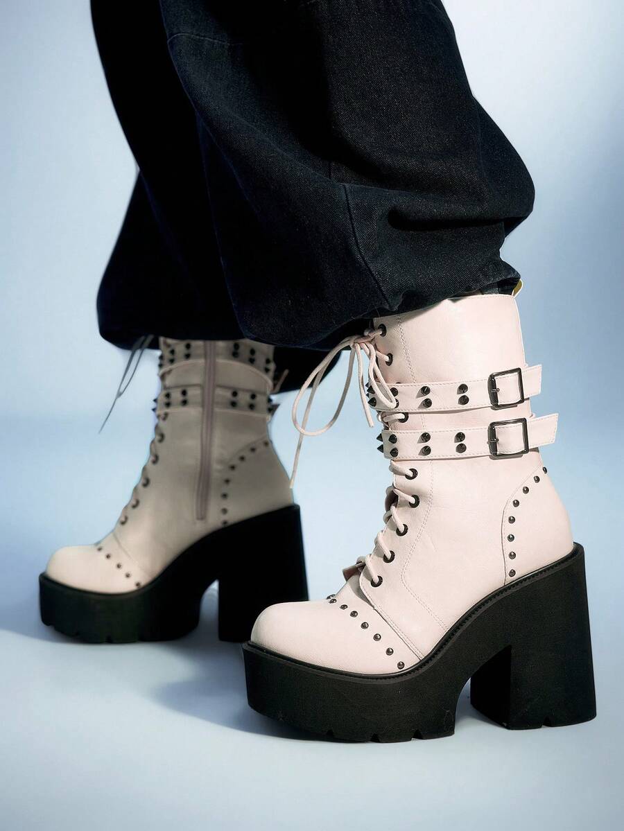 Sugerpunk Giày bốt cao đến bắp chân đế dày, đế thô, màu trắng, trang trí đinh tán cổ điển tối màu theo phong cách Gothic, quai đôi, giày bốt đi xe đạp phong cách Punk Rock thường ngày - Màu be - Xem 1