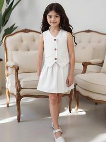 SHEIN Tween Girl Single-Breasted Top And Pleated Mini Skirt Elegant 2 Pieces Set - White - View 10