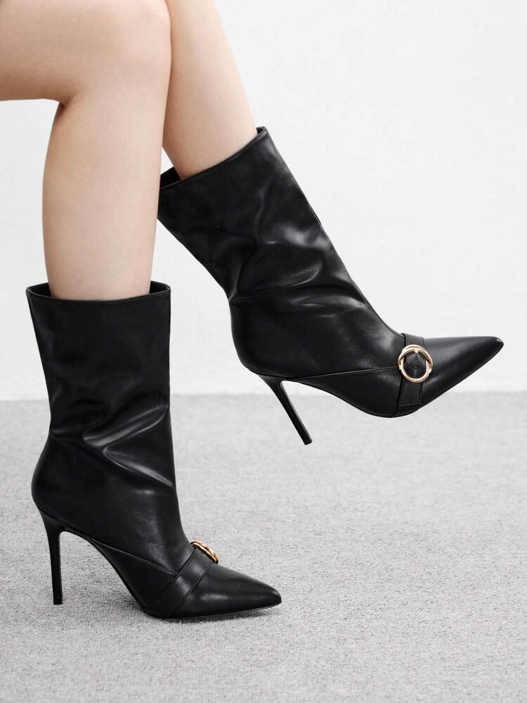 CUCCOO BIZCHIC Fashionable Rhinestone Pointed Toe Stiletto Pleated Over-The-Knee Boots, Suitable For Dates And Parties