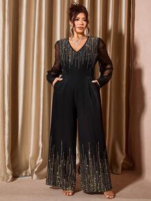 Cravure Plus Size Women's Luxurious, Elegant Mesh Patchwork Jumpsuit - Black - View 3