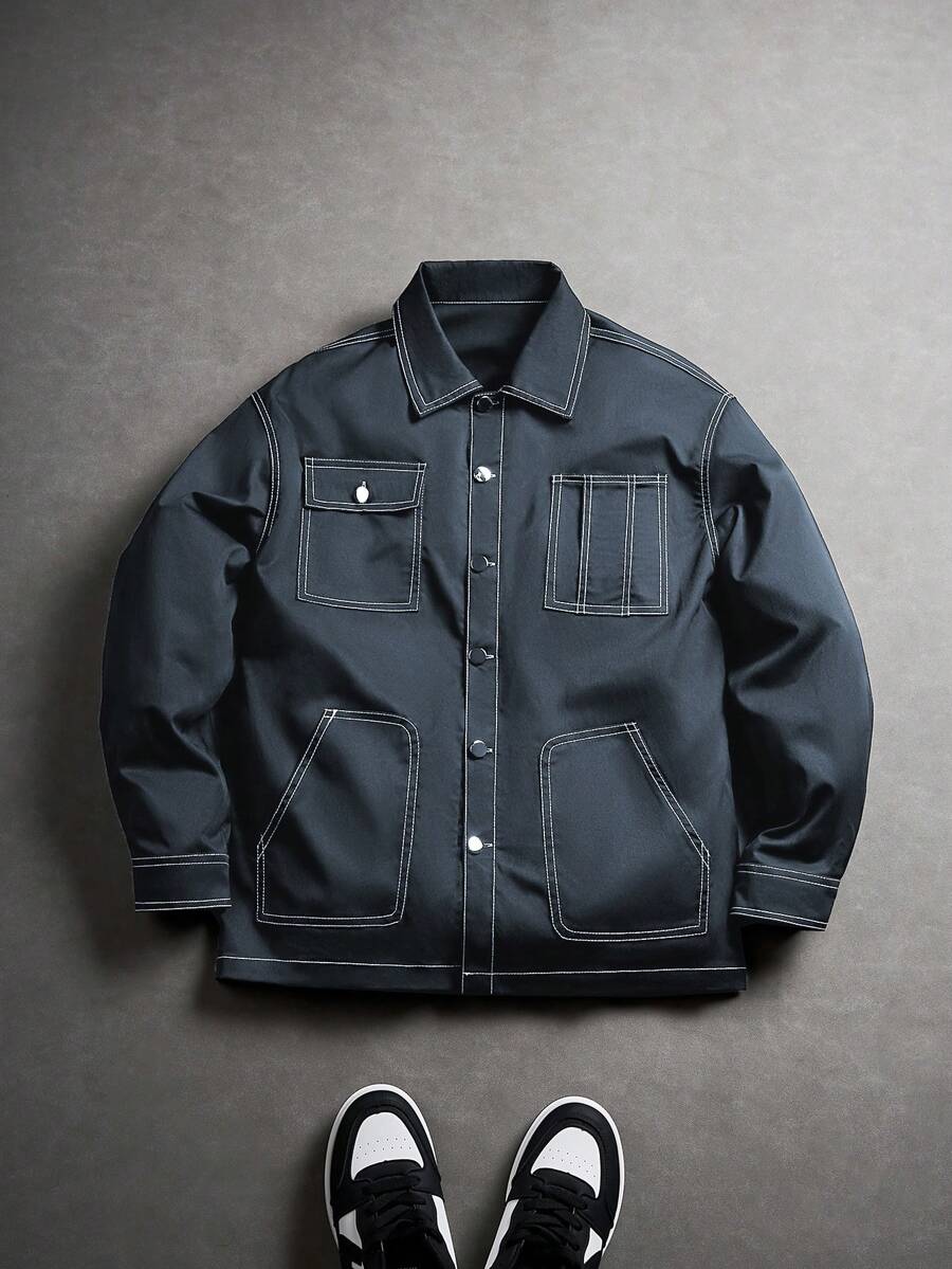 Manfinity EMRG Chaqueta casual de manga larga para hombre con diseño de línea de color contrastante - Gris - Ver 1