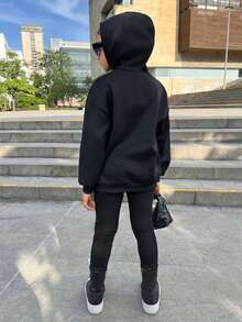 SHEIN Tween 女童数字印花连帽运动衫和慢跑裤套装，休闲百搭，适合日常穿着 - 黑色 - 查看 2