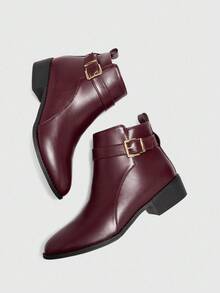 CUCCOO BIZCHIC 新款圆头防滑厚底平底女式复古踝靴，酒红色欧美风中筒靴，女式 - 酒紅色 - 查看 5