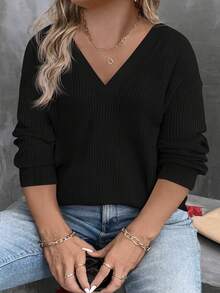 EMERY ROSE 大码女式 V 领多层霓虹色长袖 T 恤，秋冬 - 黑色 - 查看 3