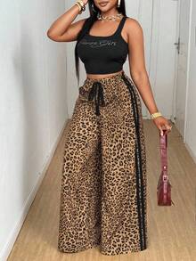 Eryvara Quần ống rộng dáng suông họa tiết da báo, cạp chun co giãn, dành cho nữ / Có túi / Nơ ren ruy băng tương phản / Thích hợp cho mùa xuân, hè, thu và đông / Đa năng, gợi cảm, mặc ở nhà / Mùa tựu trường / Phong cách đường phố / Quần dự tiệc, quần thu, quần xuân cho nữ - Nhiều màu - Xem 1