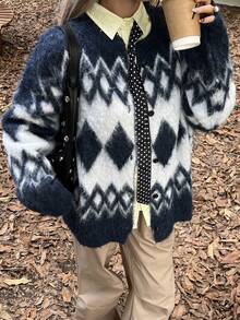 Livesso Autumn/Winter Collegiate Style Casual Business Loose Fit Geometric Pattern Thick Knit Cardigan For Women - Navy Blue - View 2