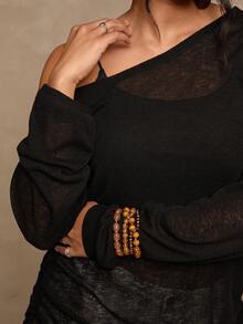 Freevana Áo len vai lệch vai cỡ lớn, áo phông đa năng phù hợp cho mùa thu/đông - màu đen - Xem 6