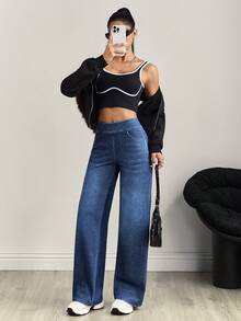 Flexra 中腰深色猫须做旧水洗针织牛仔阔腿裤 - 深色水洗藍 - 查看 7