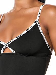 SUMWON WOMEN Branded Elastic Cami Bodycon Mini Dress With Cross Front Detail - Black - View 4