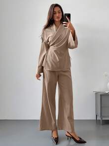 Aloruh Bộ thời trang vải lanh xám: Áo sơ mi dài tay cổ bẻ + Quần ống đứng - Màu Khaki - Xem 5