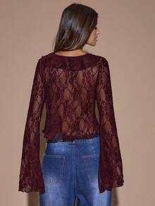 SHEIN BAE 女士蕾丝性感深V领透视镂空荷叶边长袖上衣，酒红色，适合秋冬季节、亡灵节、红色上衣、女士红色上衣、情人节等场合。 - 酒紅色 - 查看 2