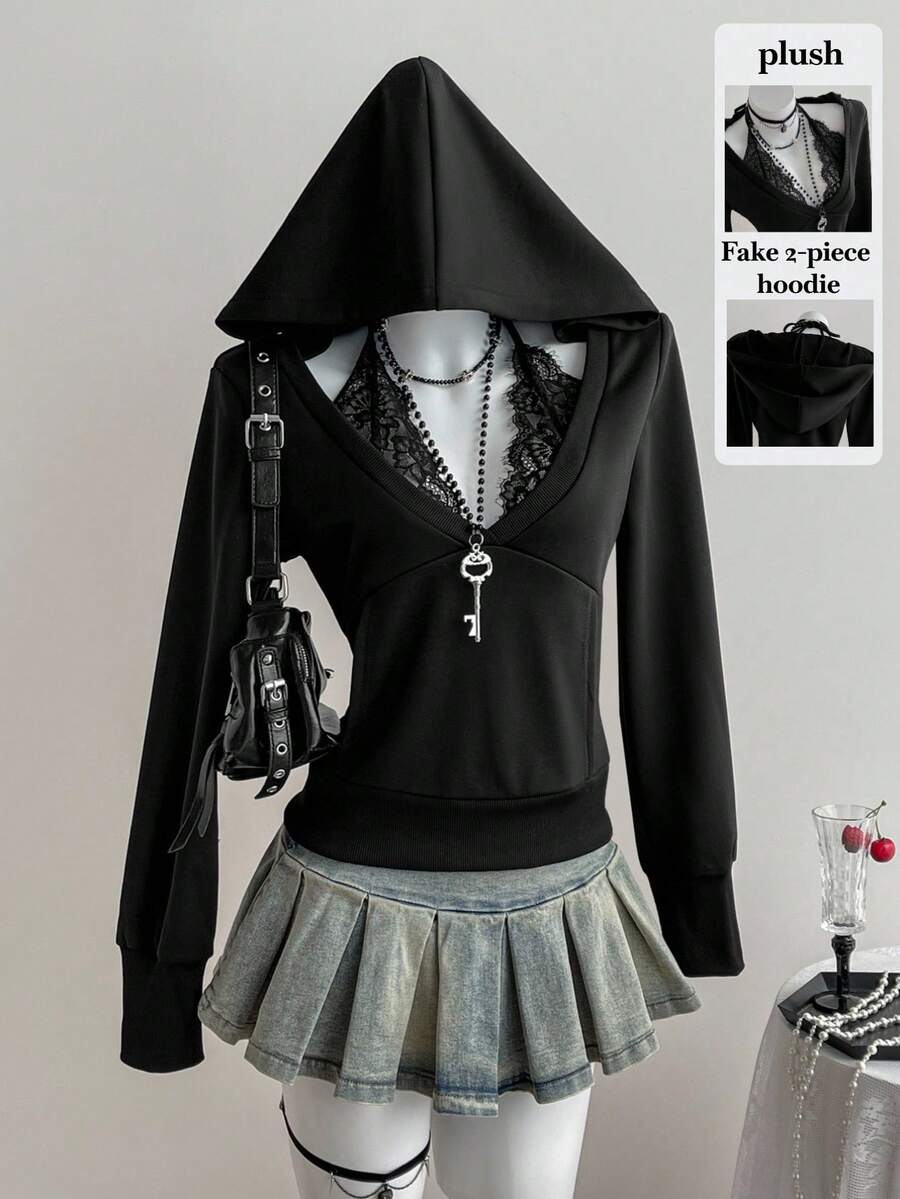 Elamini 女士黑色蕾丝拼接深 V 领系腰长袖修身连帽运动衫，优雅、时尚、百搭，适合通勤、上学、复古、可爱、休闲、约会 - 黑色 - 查看 1