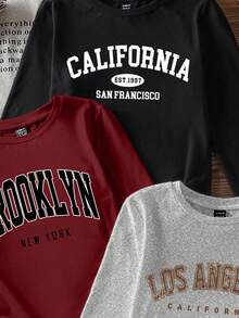 SHEIN EZwear 3 件套女式图案印花圆领休闲修身长袖 T 恤套装，秋冬 - 彩色 - 查看 3