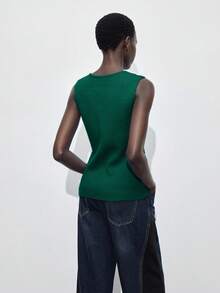 Maija Top de Tricô Feminina com Decote Redondo e Sem Mangas, com Decoração de Botão Metálico, Suéter Básico para Uso Urbano, Casual Business, Uso no Escritório, Elegante para Festa de Natal, Confraternização de Ano Novo