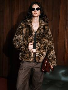 Airlisse Fashionable Animal Print Faux Fur Coat, Autumn/Winter - Multicolor - View 5