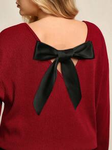 Juhart Plus Size Back Bow Long Sleeve Top For Women, Loose Fit, Flattering And Chic - Burgundy - View 5