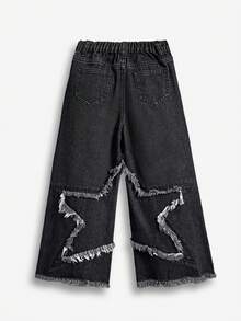 SHEIN Bolty Young Boy Distressed Fashion Frayed Patchwork Star Decor Loose Fit Black Denim Jeans Fall Winter,Fall/Winter Daily Wear,Streetwear, Halloween,Christmas,New Year,Thanksgiving - Black - View 2