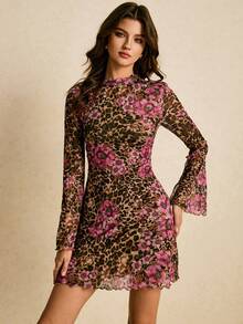 Poéselle 女式豹纹喇叭袖迷你连衣裙 - 粉色 - 查看 4