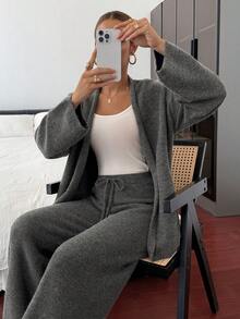 Livesso 女士宽松商务休闲针织开衫和直筒裤套装，秋冬优雅办公室装 - 深灰色 - 查看 6
