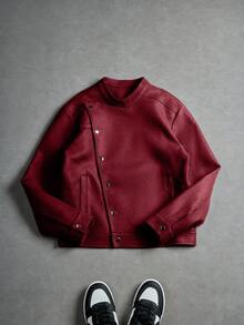 Manfinity EMRG Men's Oblique Button Long Sleeve Jacket, Asymmetrical Button Design Casual Jacket, Recommended Gift, Suitable For Husband, Boyfriend, Friend Red Varsity Jacket Red Leather Jacket Cropped Men Jacket Cropped Zip Up Men Jacket - Red - View 5